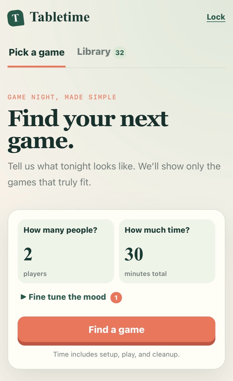 Tabletime game selection interface showing player count, time, and a find-a-game button